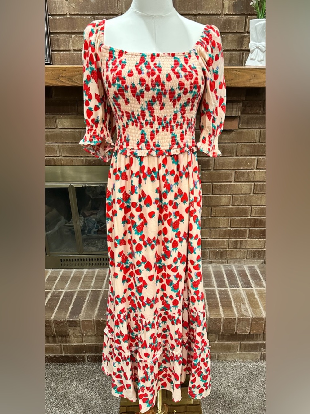 Betsey Johnson Strawberry Print Smocked Tiered Midi Dress M